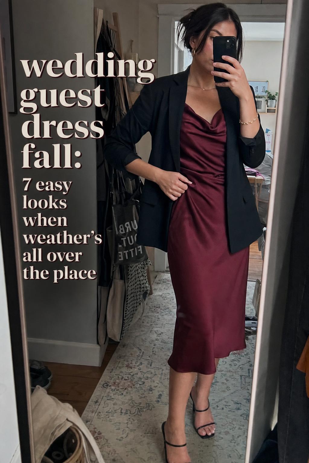 Wedding guest dress fall mirror selfie in messy apartment hallway, woman in burgundy satin midi with blazer nearby and text overlay