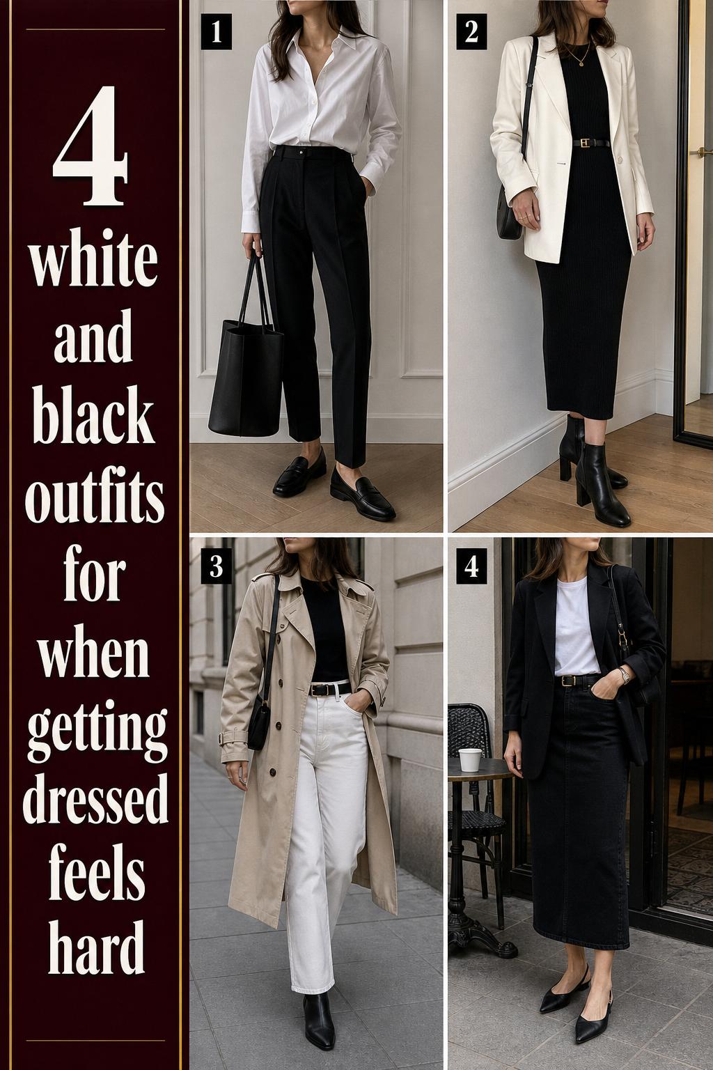 Pinterest-style checklist of white and black outfits with 4 modern monochrome looks for city life, full-body views