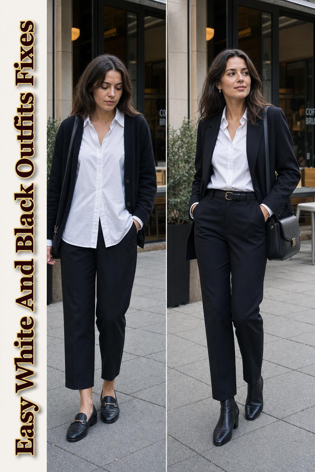 Stylish white and black outfits photographed in a modern street fashion look, perfect for minimalist wardrobes.