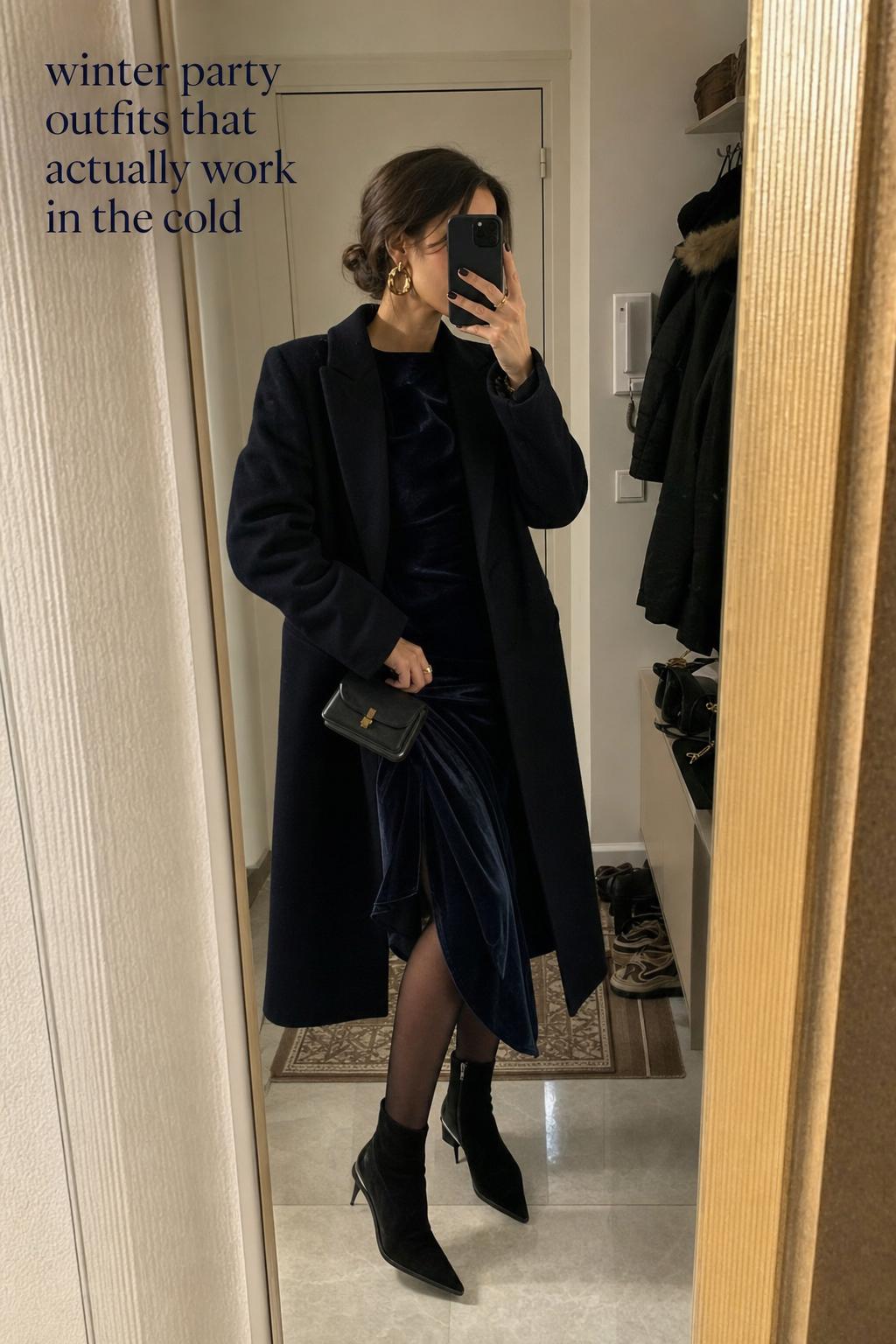 Winter party outfits mirror selfie in apartment hallway, woman in velvet midi dress, wool coat, tights and heeled boots
