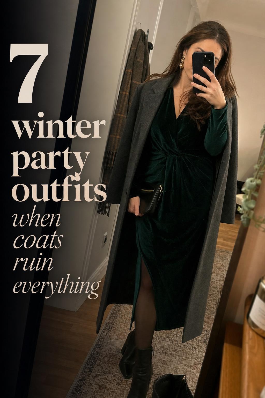 Winter party outfits mirror selfie with velvet midi dress, long wool coat, tights and boots in a lived-in apartment hallway