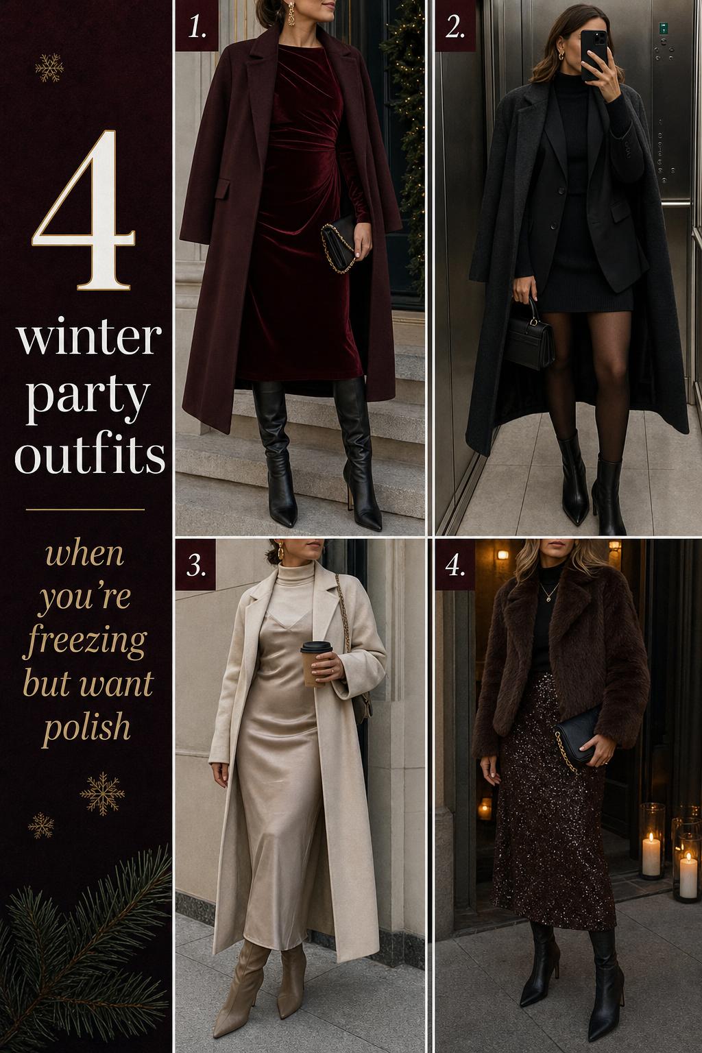 Winter party outfits grid featuring four polished modest looks with coats, tights, boots, and festive accessories in a calm palette.