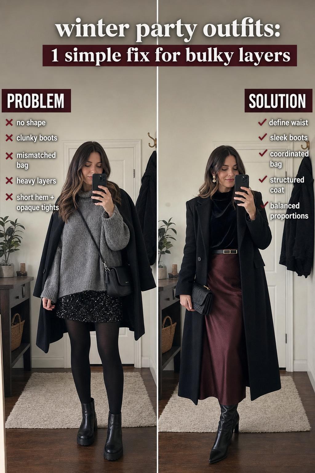 Stylish winter party outfits with a woman in a velvet dress and faux-fur coat under festive lights