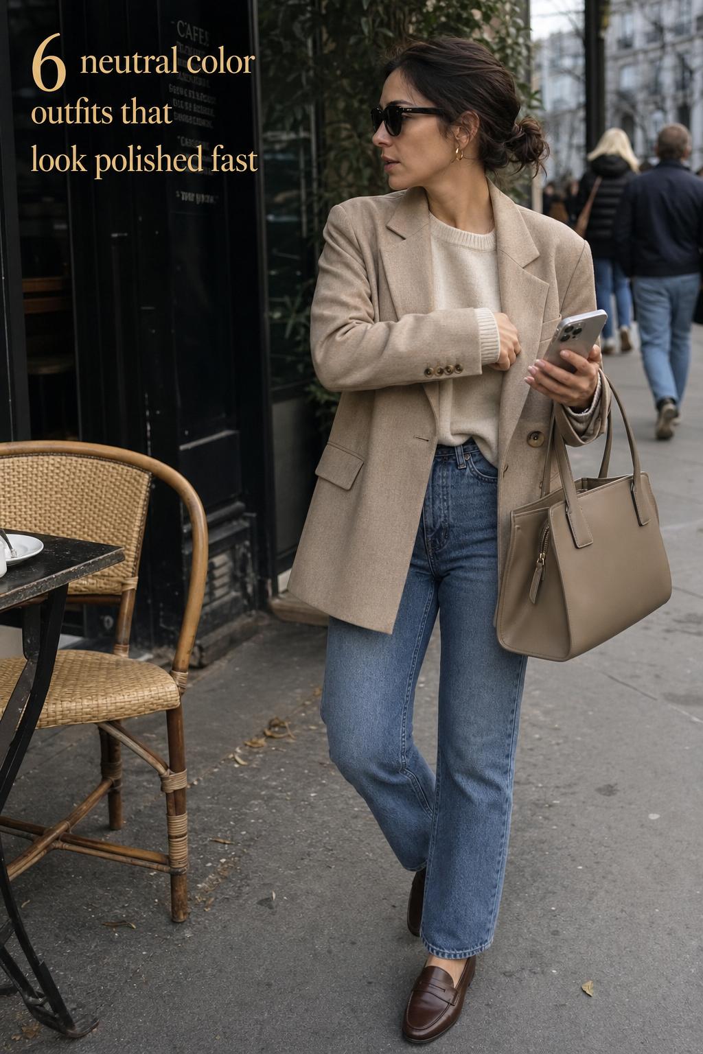 Woman adjusting blazer on city sidewalk outside a cafe, showcasing neutral color outfits in soft overcast light