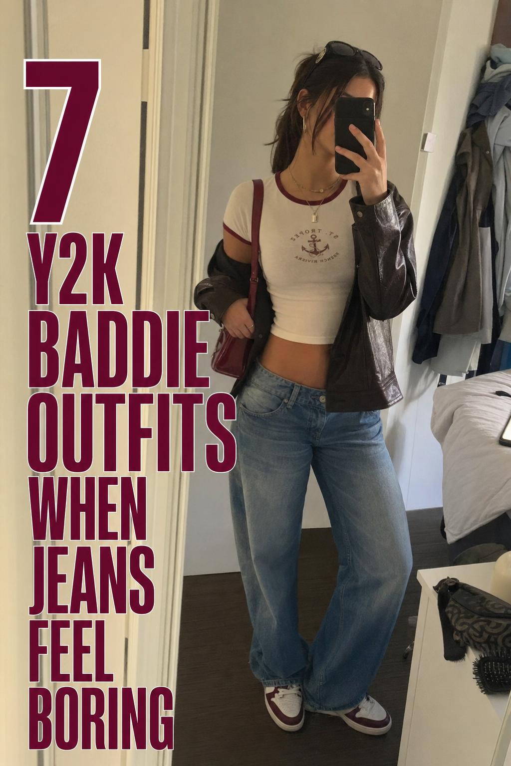 Mirror selfie outfit check in apartment hallway featuring y2k baddie outfits with cropped tee, low-rise denim and chunky sneakers.