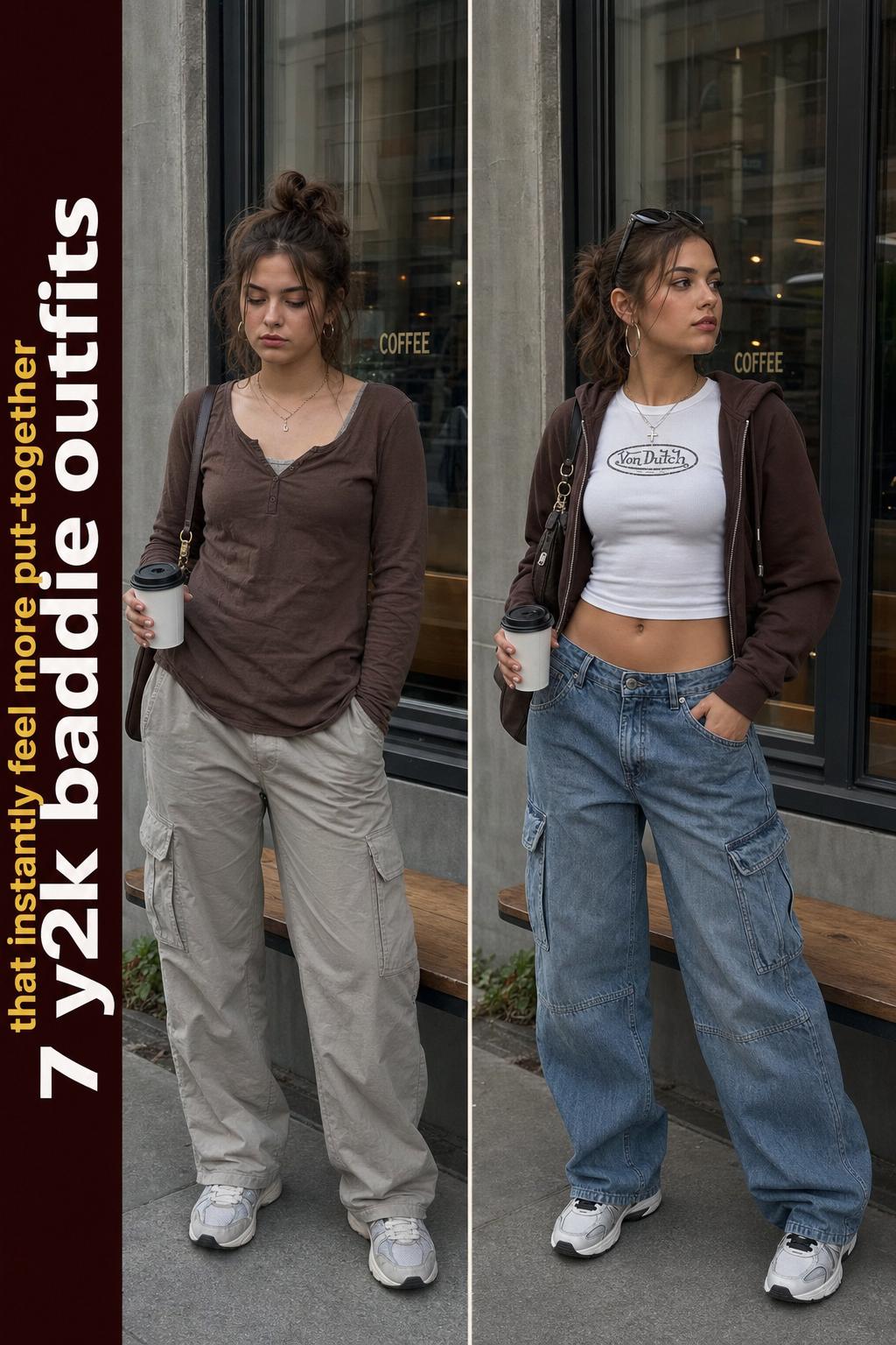 Y2K baddie outfits styled on a confident model in a city street, featuring a crop top, mini skirt, and chunky sneakers