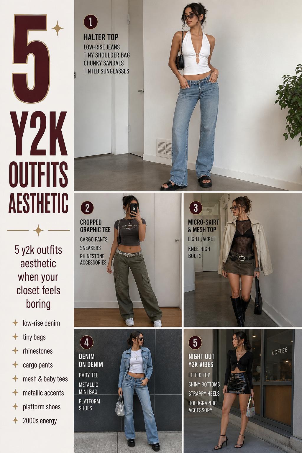 y2k outfits aesthetic checklist featuring 5 wearable looks with denim, mesh, tiny bags, and metallic accents in soft daylight