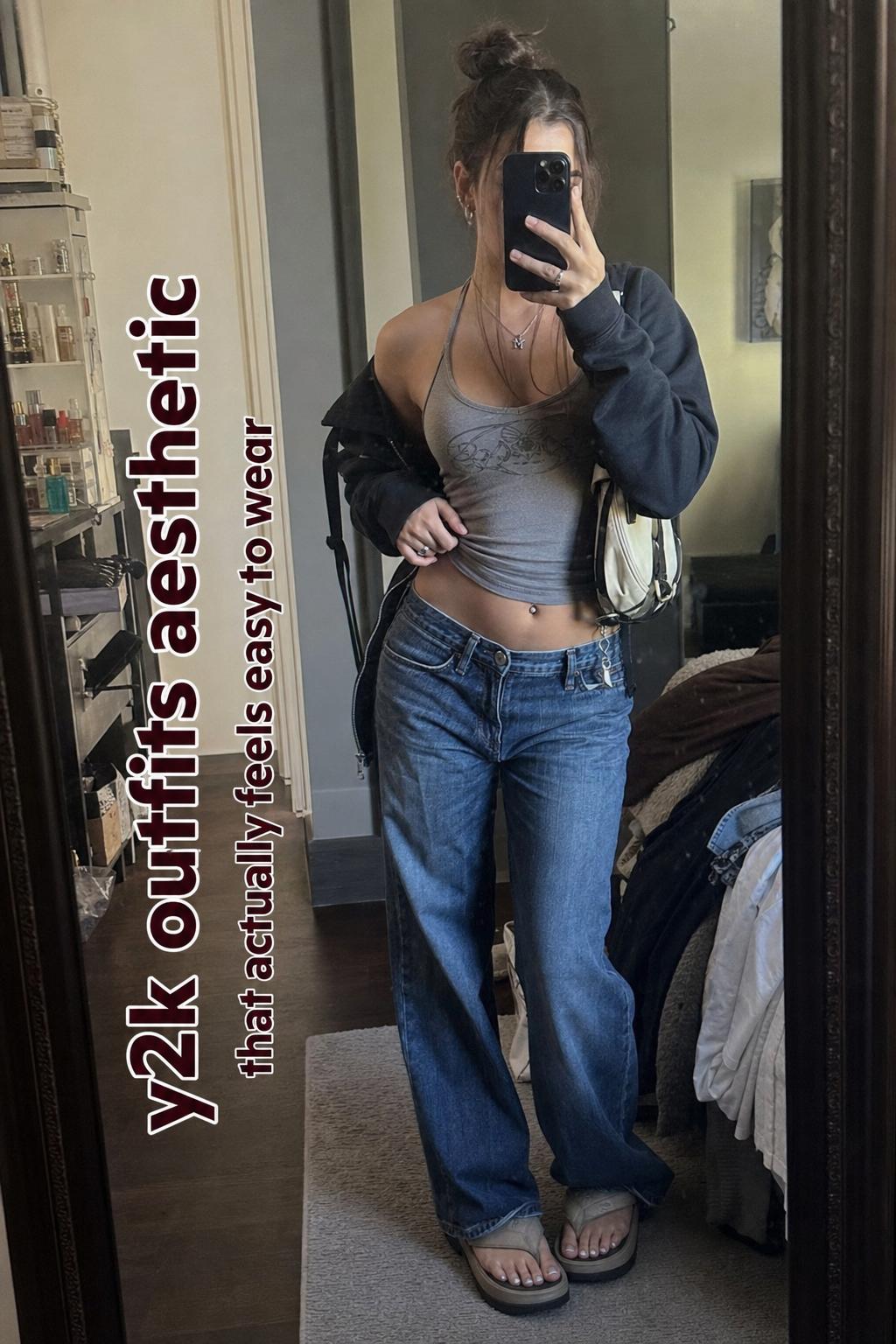 Mirror selfie in a messy bedroom showing a modern y2k outfits aesthetic with halter top, low-rise denim and shoulder bag