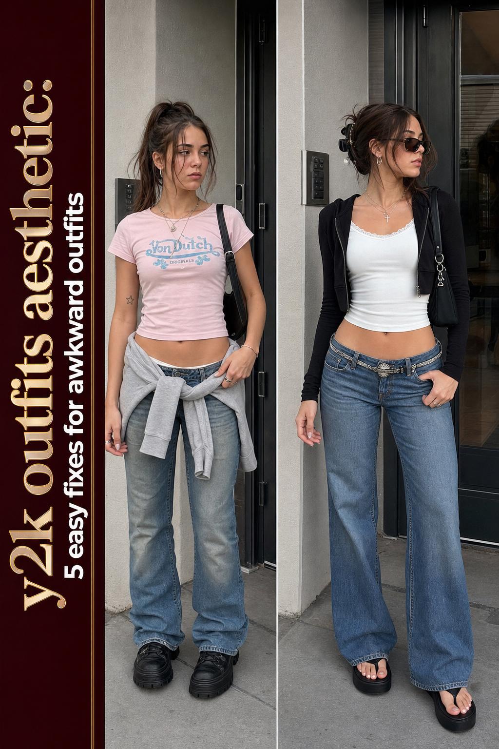 Y2K outfits aesthetic with low-rise jeans, baby tee, and metallic accessories in a street-style photo