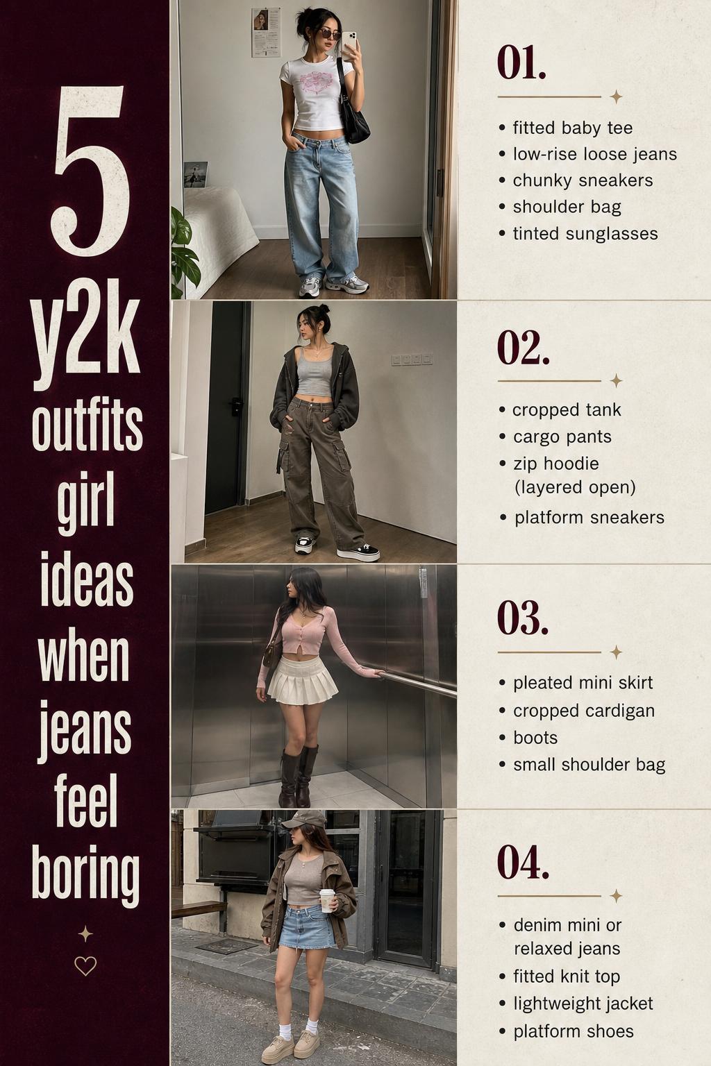 y2k outfits girl list featuring four modern street-style looks with baby tee, cargos, mini skirt, and denim in everyday settings