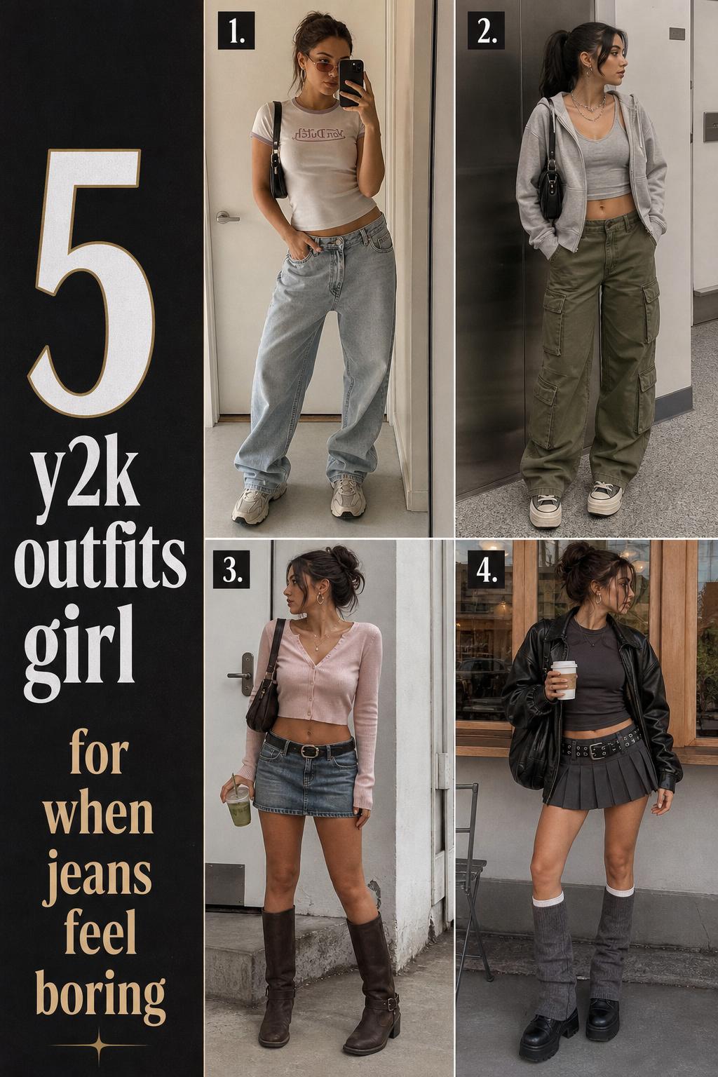 Y2K outfits girl grid with 4 modern street-style looks: baby tee jeans, cargo set, denim mini skirt, pleated skirt.