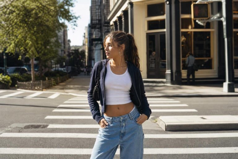 y2k outfits girl in relaxed cargo pants, fitted baby tee, chunky sneakers, and shoulder bag walking in a city street