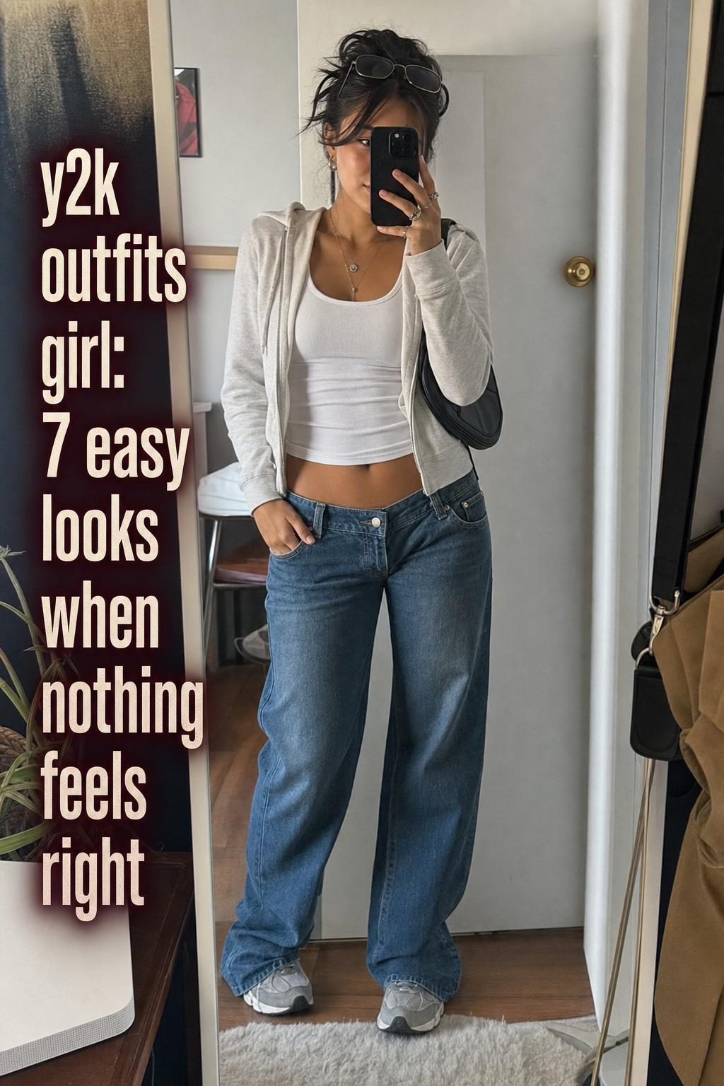 y2k outfits girl mirror selfie in a lived-in apartment wearing baby tee, low-rise jeans, sneakers and shoulder bag