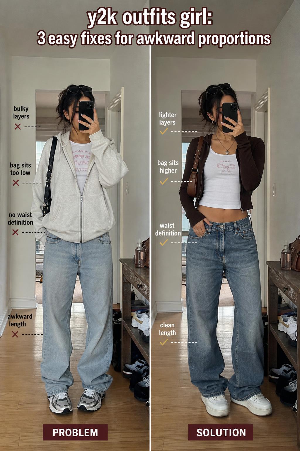 Girl wearing y2k outfits girl style with a cropped top and low-rise jeans on a city street
