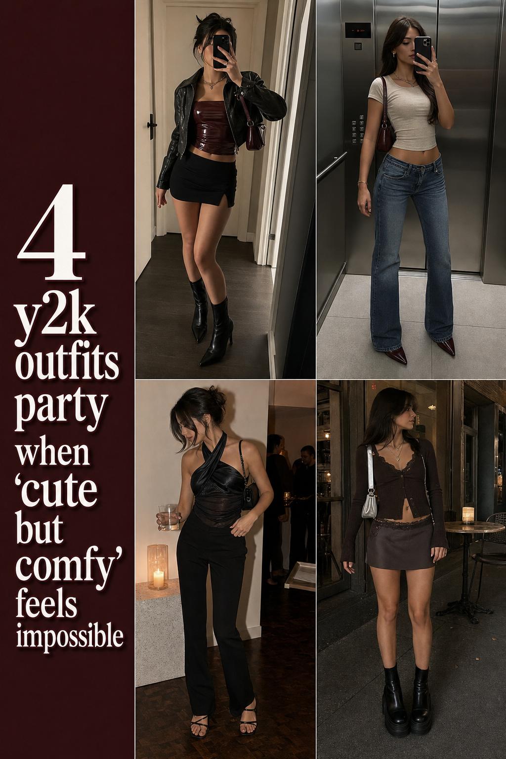 y2k outfits party collage with 4 realistic women in wearable early-2000s nightlife looks and bold text overlay