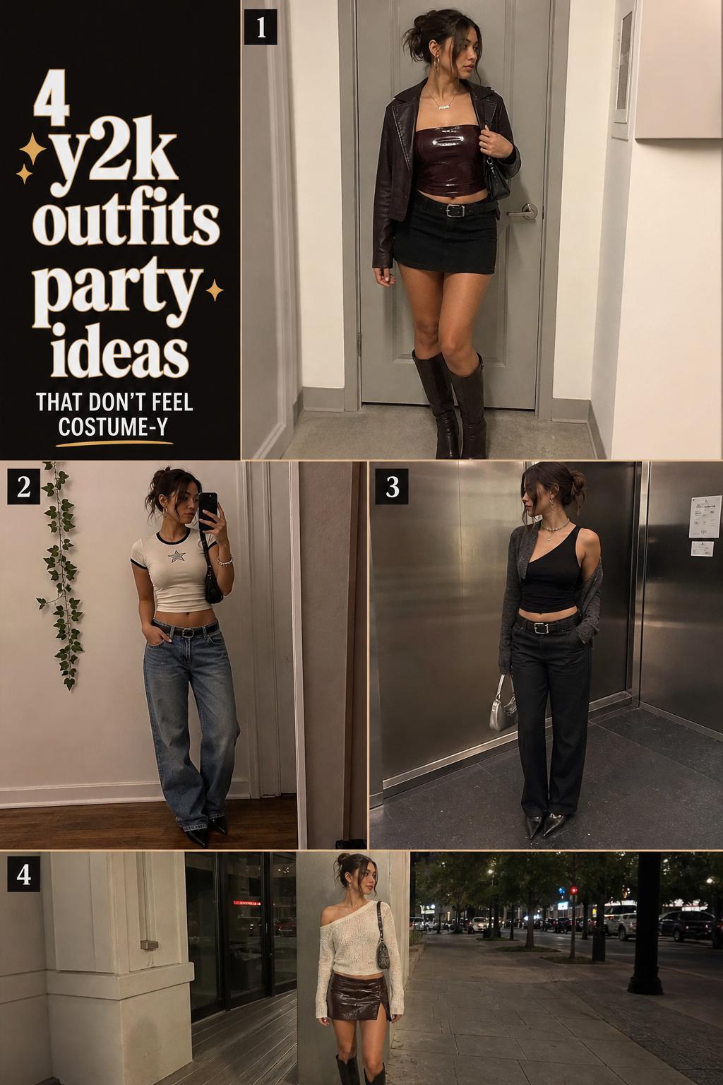y2k outfits party checklist with four wearable looks in a clean Pinterest-style fashion list, moody evening settings