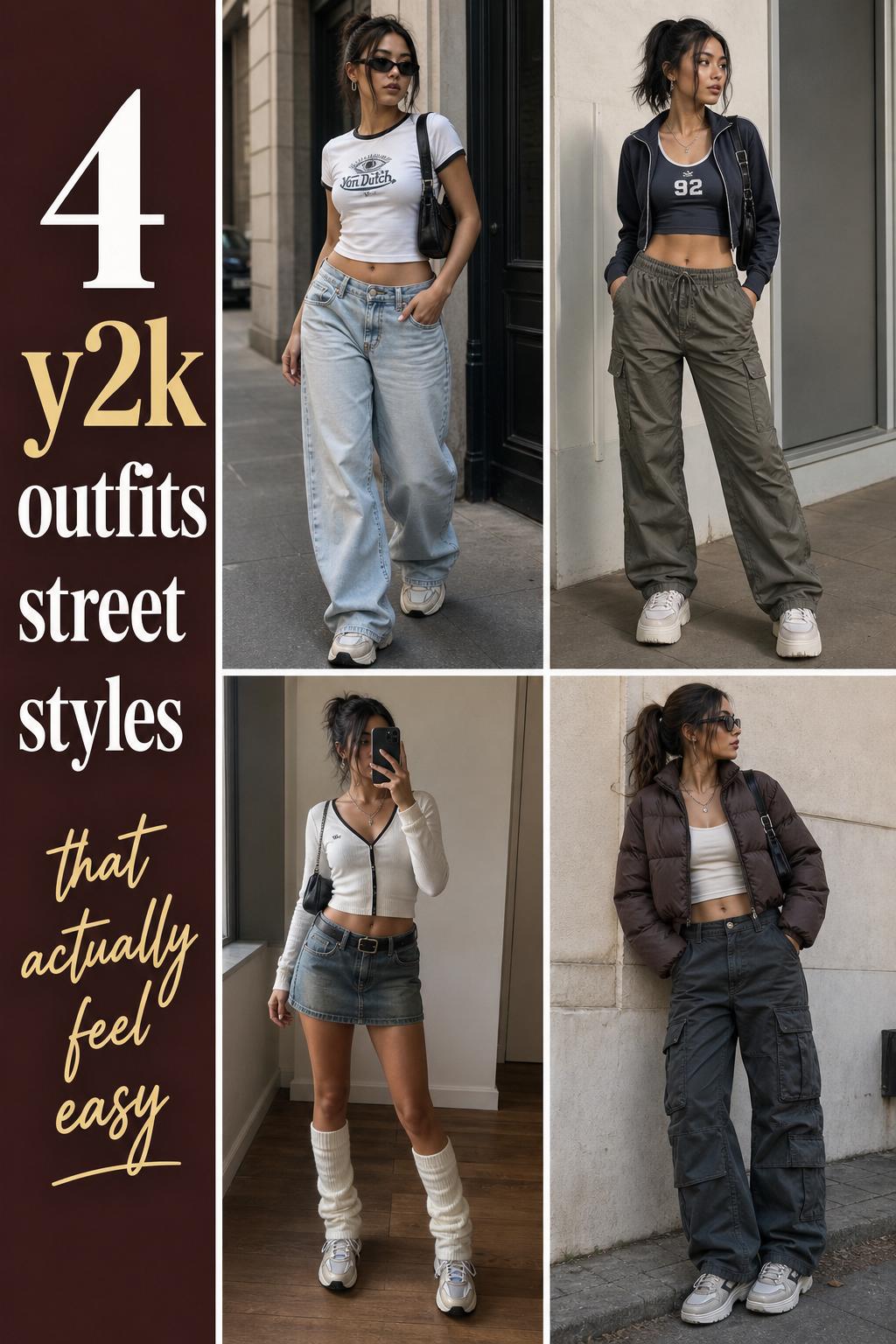 y2k outfits street styles grid with 4 modern Y2K streetwear looks in muted tones, photographed in minimal urban settings