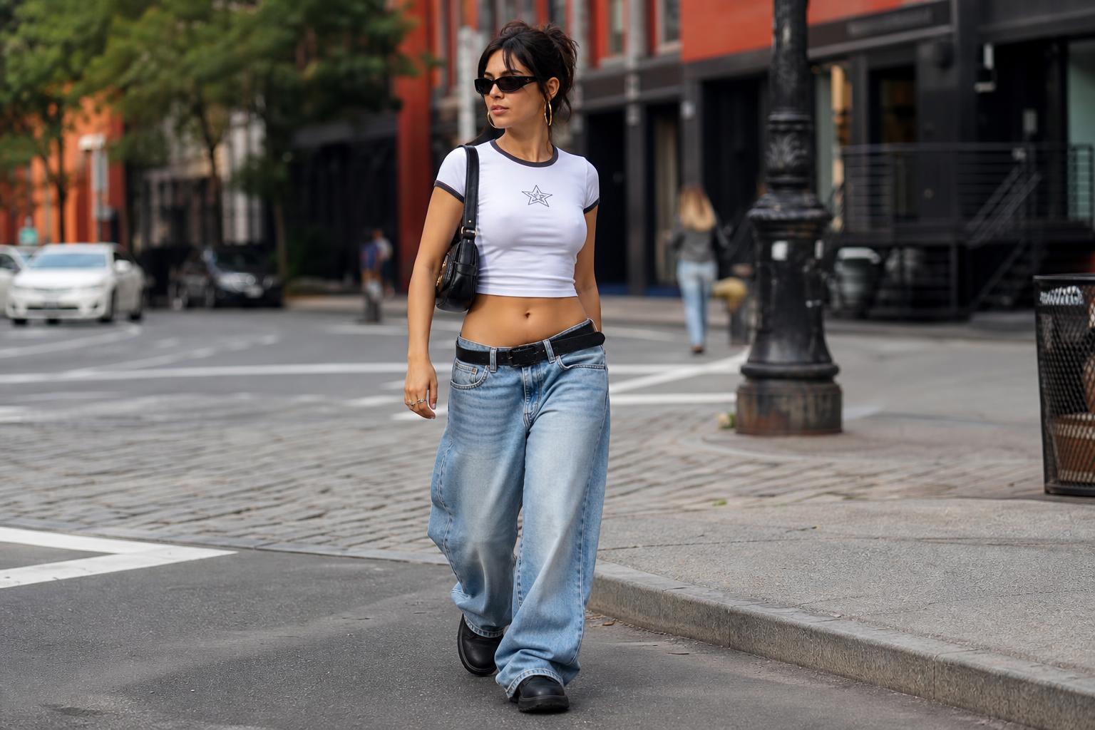 Y2K outfits street styles with baby tee, cargo pants, chunky sneakers, and mini shoulder bag on a city sidewalk