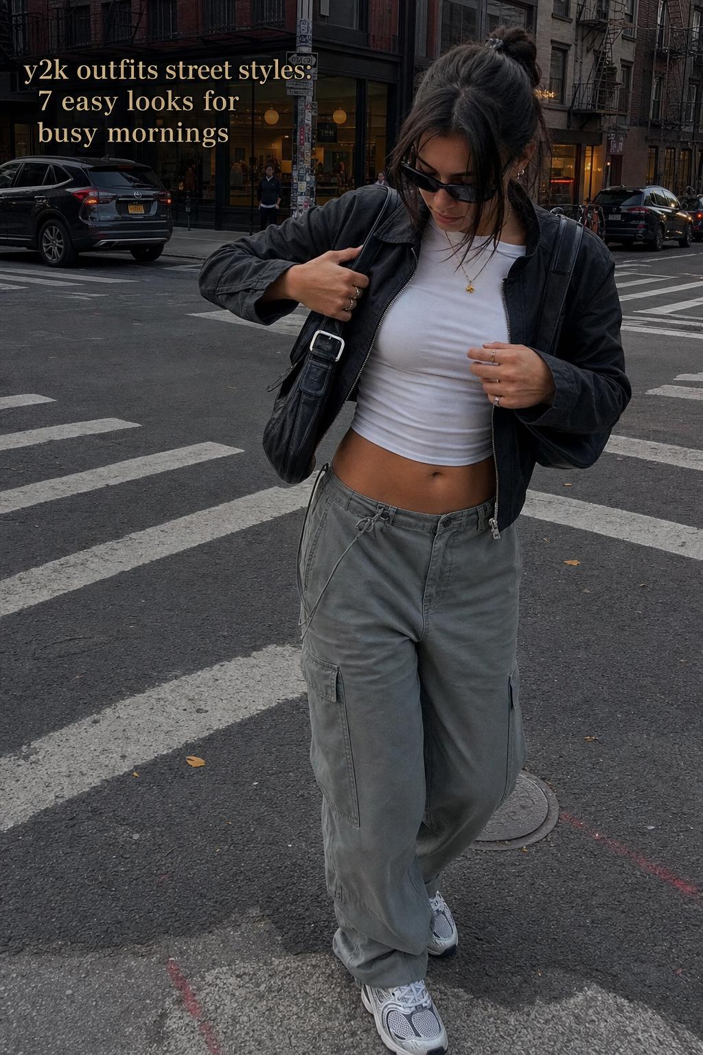 y2k outfits street styles on a busy city crosswalk as a young woman adjusts her baggy jeans look mid-step