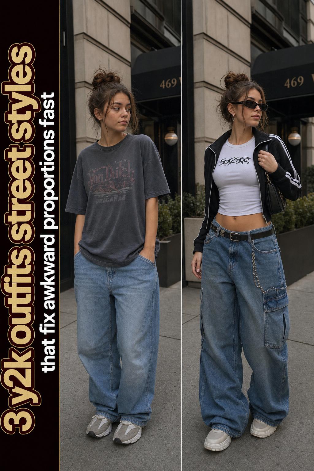 Y2K outfits street styles featuring low-rise jeans, baby tee, and chunky sneakers on a city sidewalk