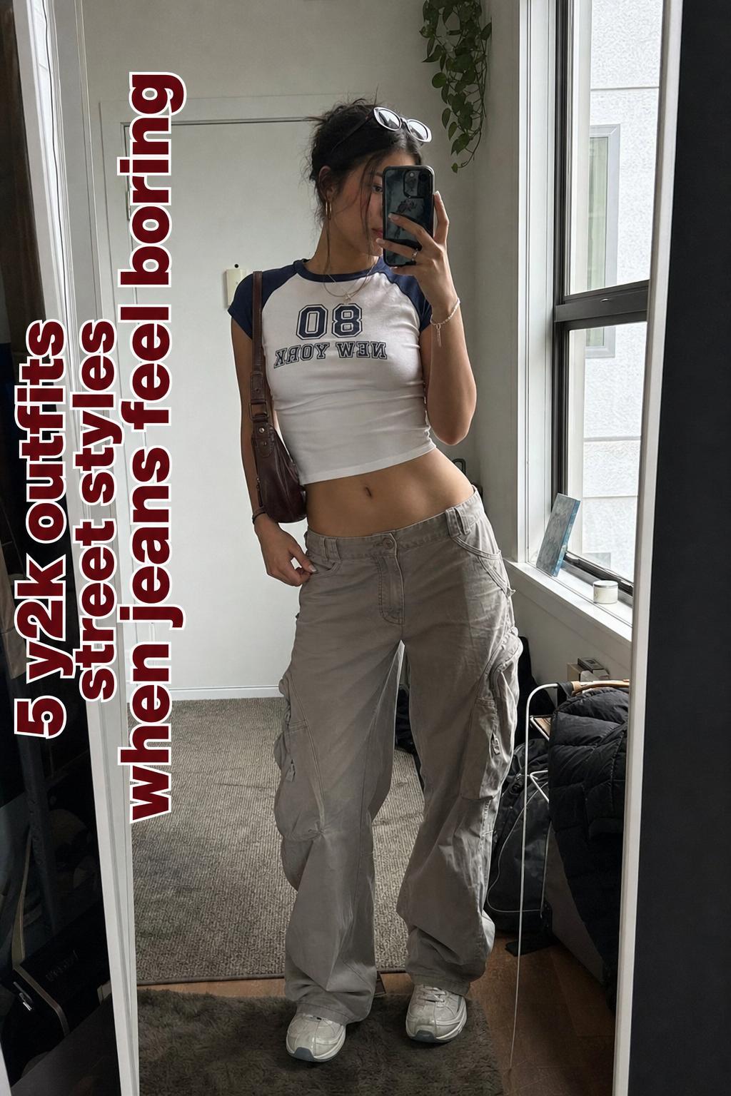 Mirror selfie in a hallway showing y2k outfits street styles with baby tee, baggy low-rise jeans, cropped jacket and chunky sneakers.