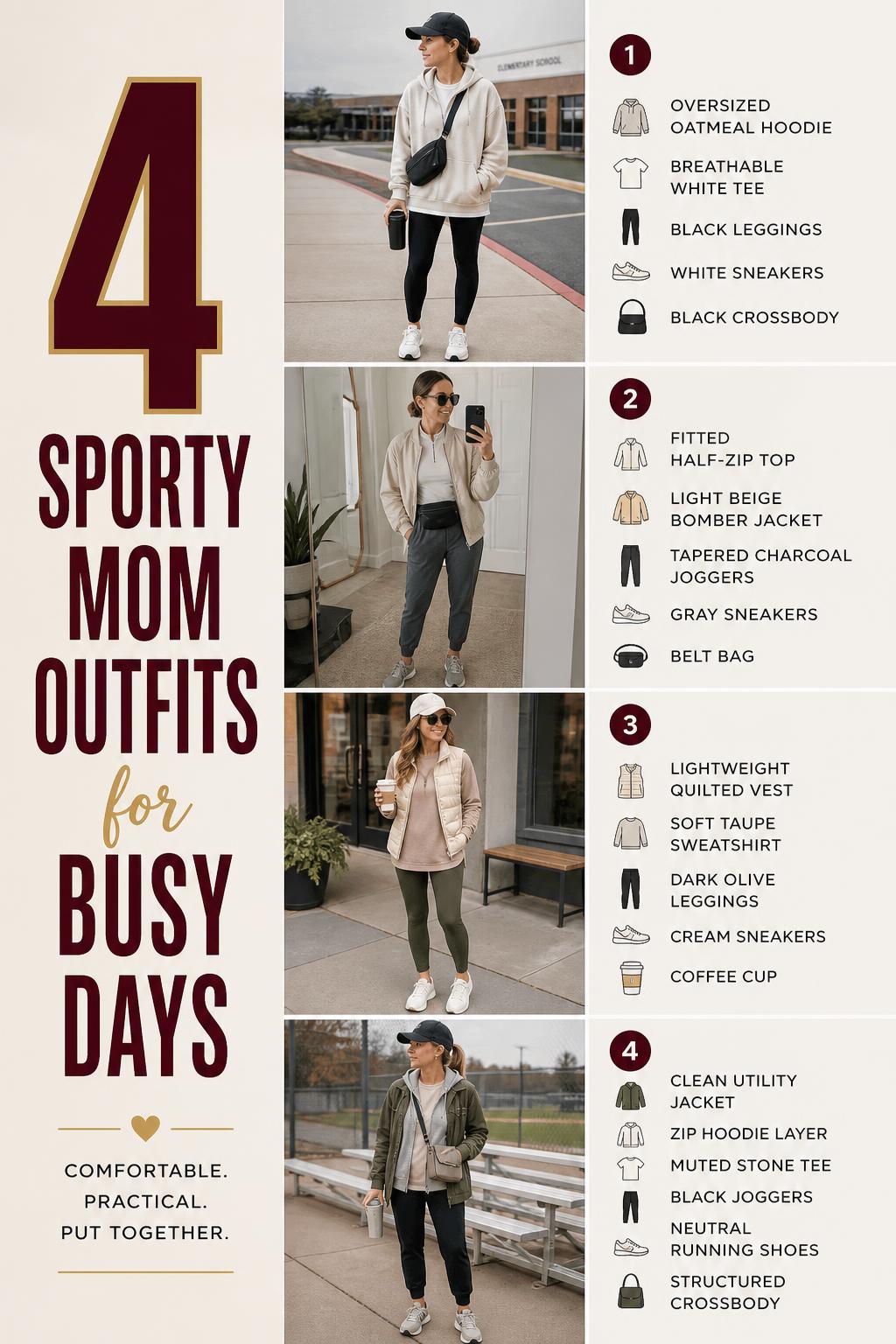 Sporty mom outfits checklist with 4 athleisure looks: leggings, joggers, hoodies, sneakers, and crossbody bags in neutral tones.