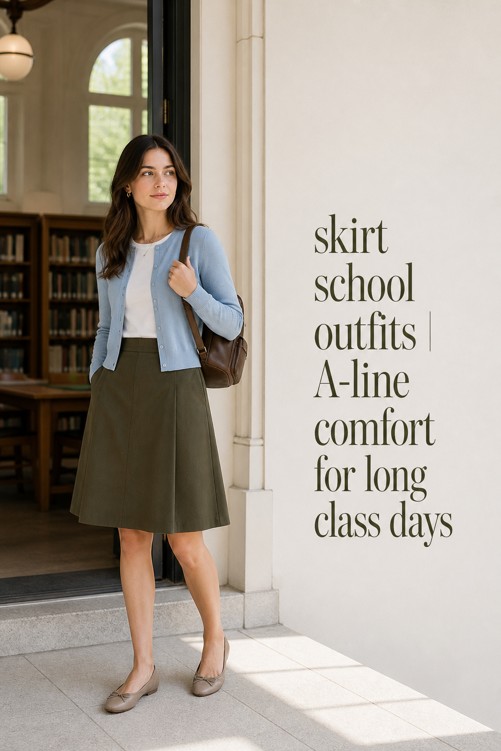 skirt school outfits with an olive A-line skirt and pale blue cardigan