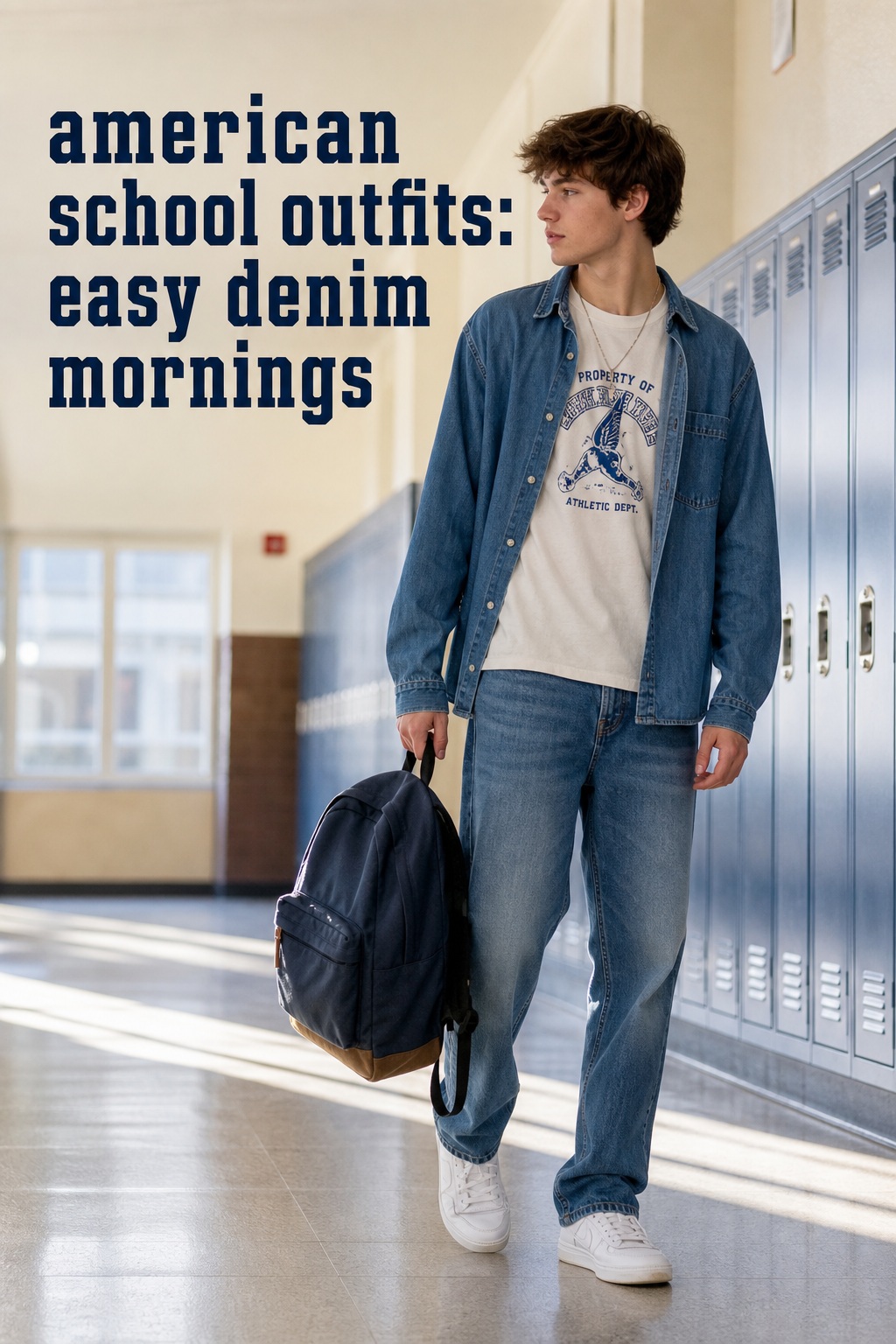 american school outfits with graphic tee, straight jeans, sneakers, and denim overshirt