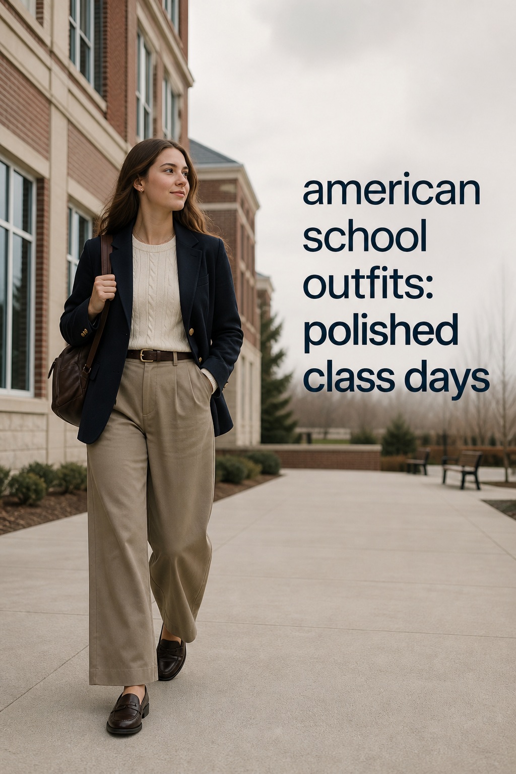 american school outfits with wide-leg trousers, knit top, blazer, loafers, and backpack