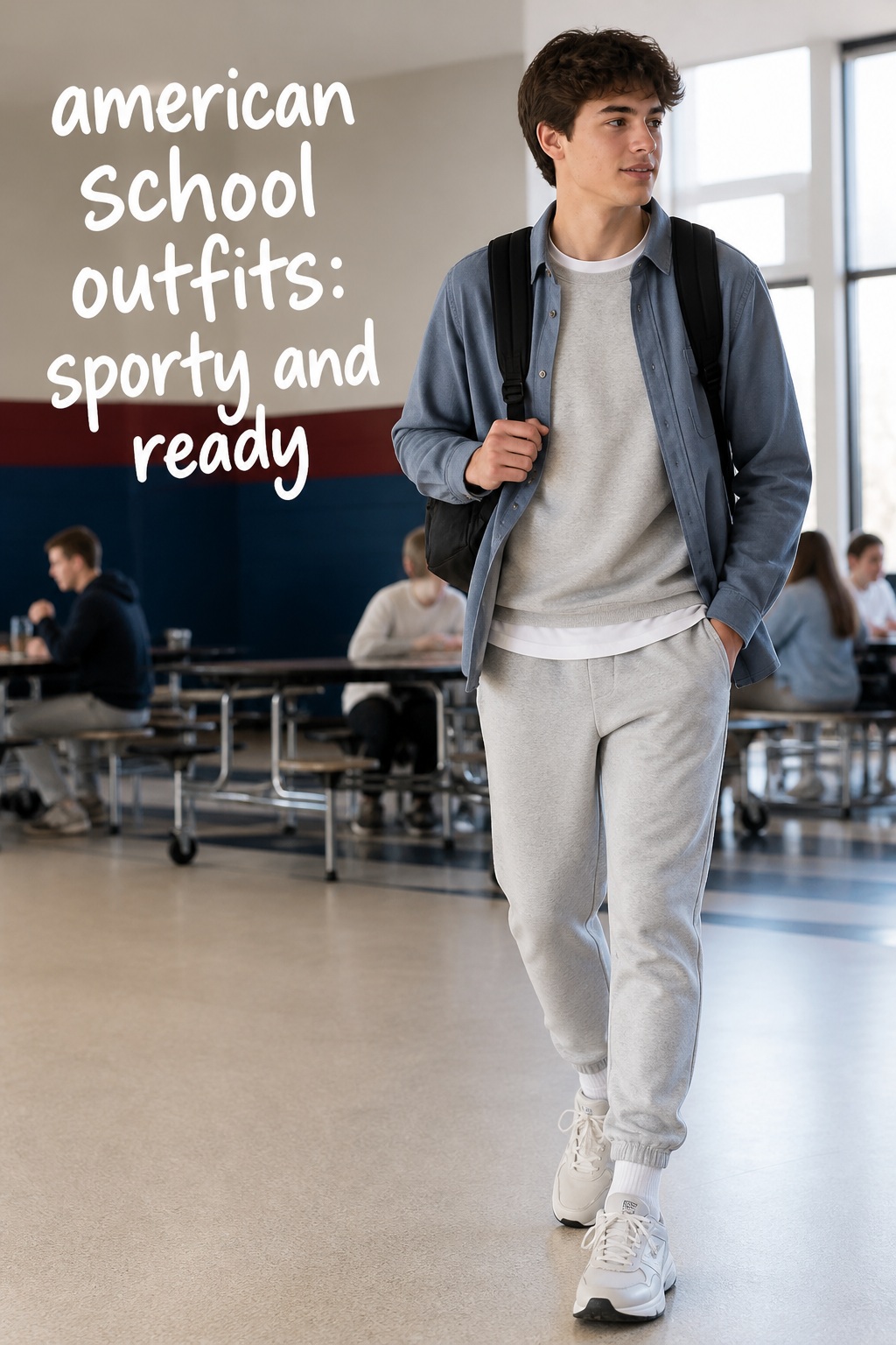 american school outfits with coordinated sweatshirt, joggers, overshirt, sneakers, and backpack