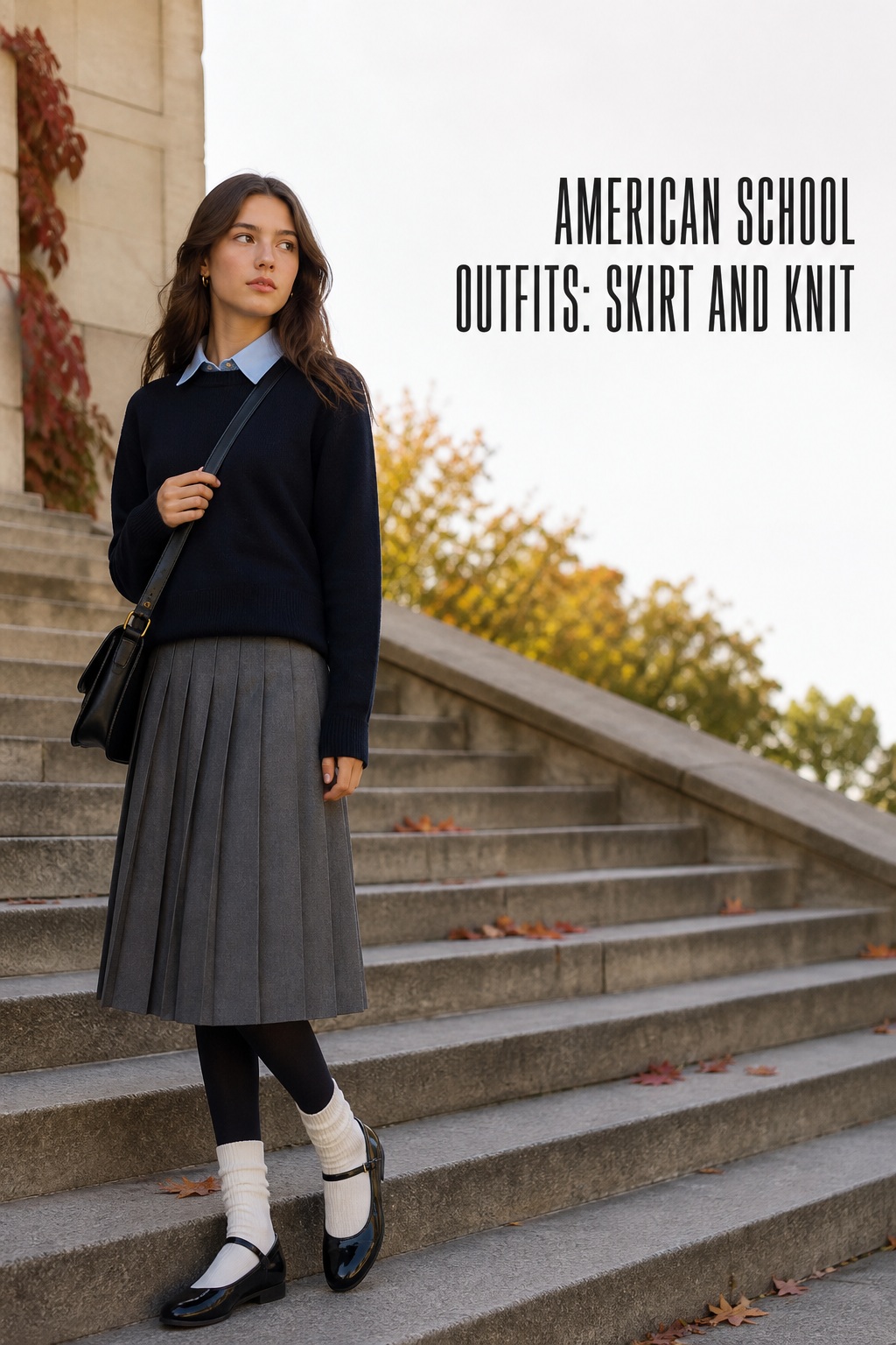 american school outfits with pleated midi skirt, sweater, tights, Mary Janes, and crossbody bag