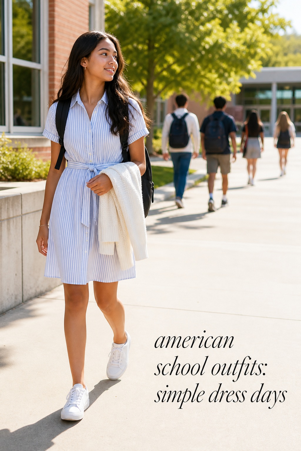 american school outfits with breathable shirt dress, cardigan, sneakers, and backpack