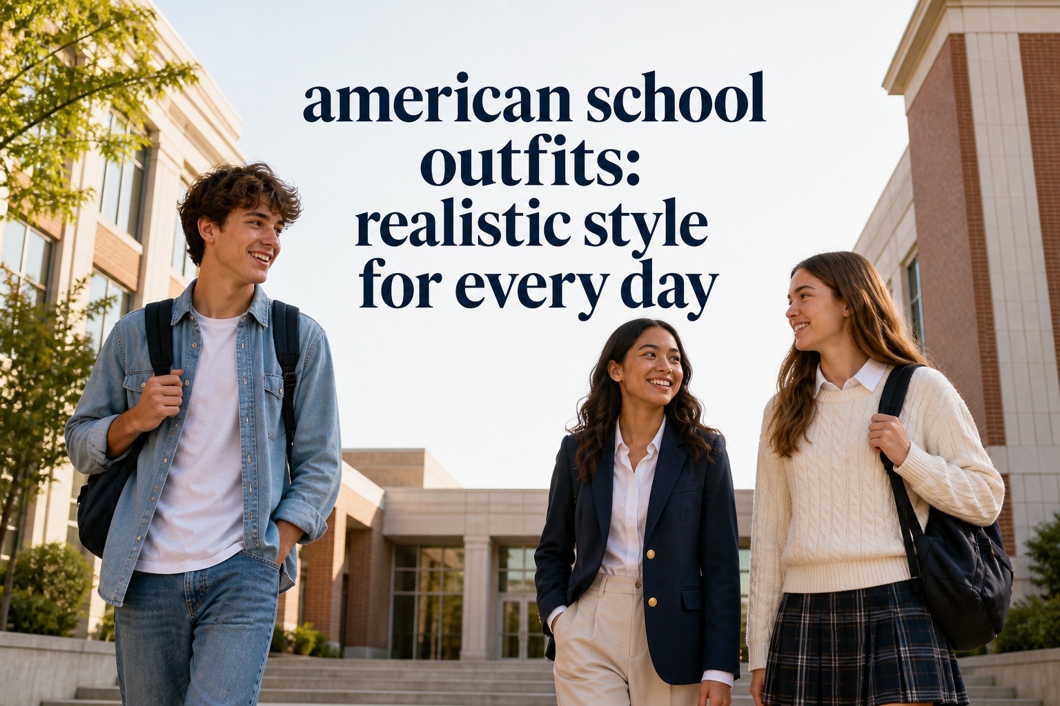 american school outfits with denim, blazer, skirt, sweaters, sneakers, and backpacks