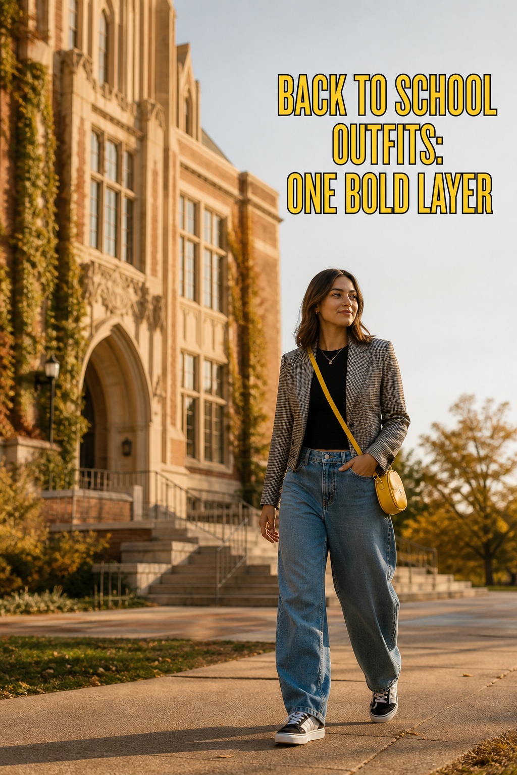 back to school outfits with barrel jeans, fitted tee, patterned blazer, sneakers, and yellow bag
