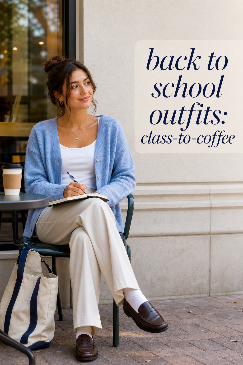 back to school outfits with blue cardigan, white tank, wide-leg trousers, loafers, and tote