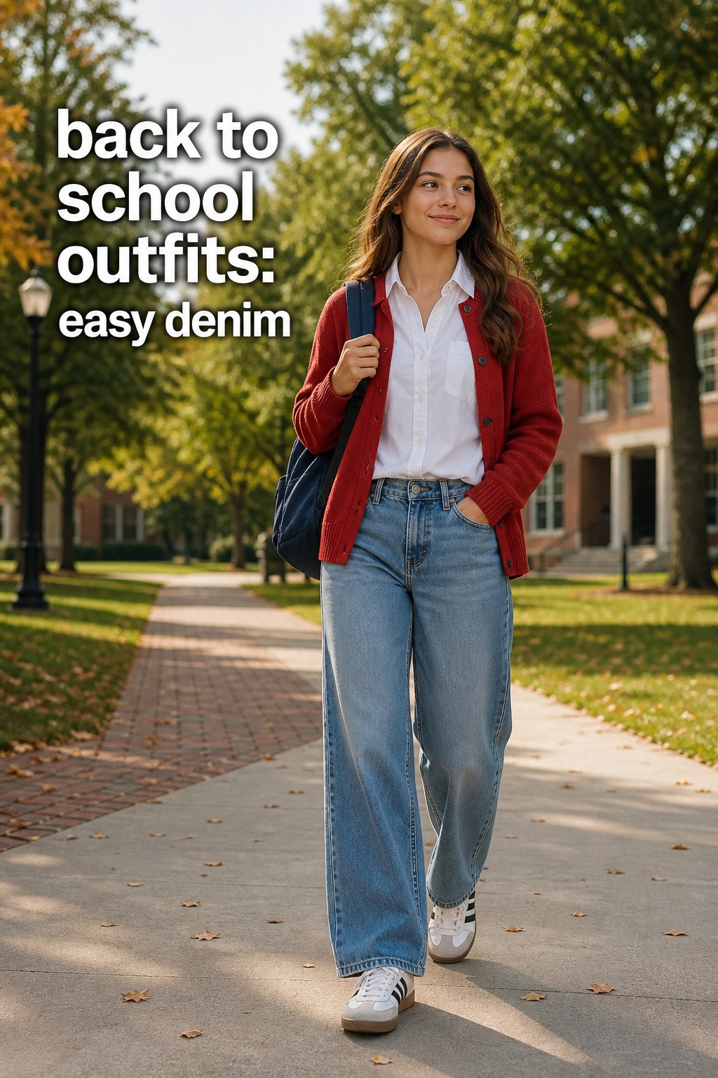 back to school outfits with wide-leg jeans, white shirt, red cardigan, sneakers, and backpack