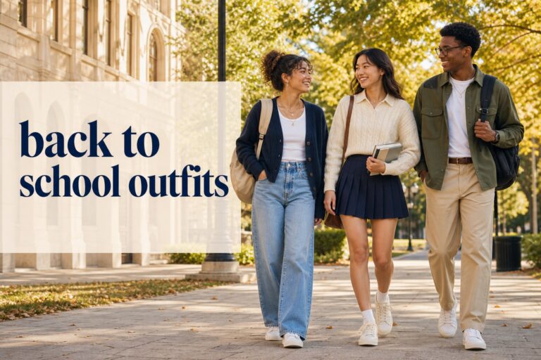 back to school outfits with three students in denim, pleated skirt, and layered campus looks