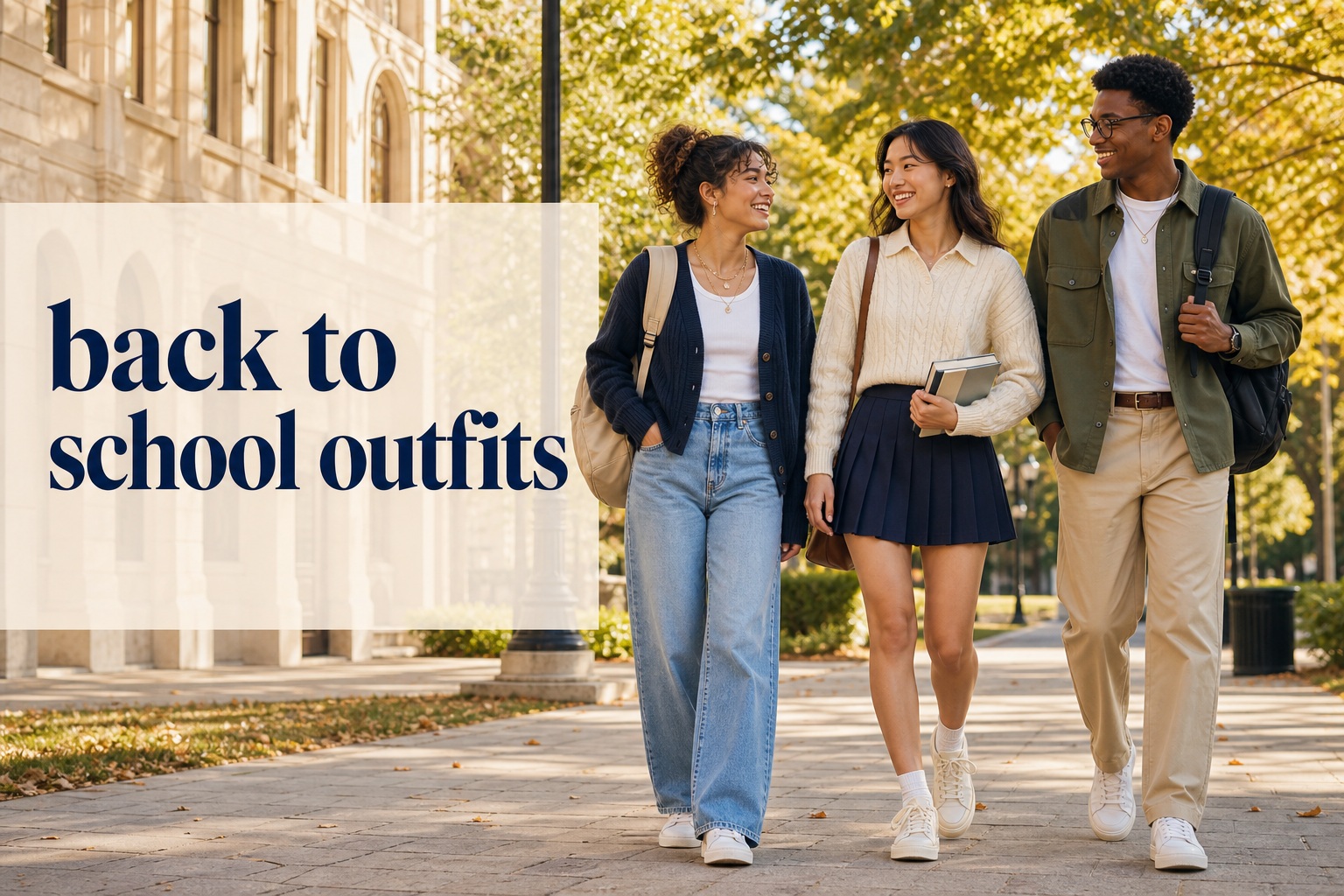 back to school outfits with three students in denim, pleated skirt, and layered campus looks