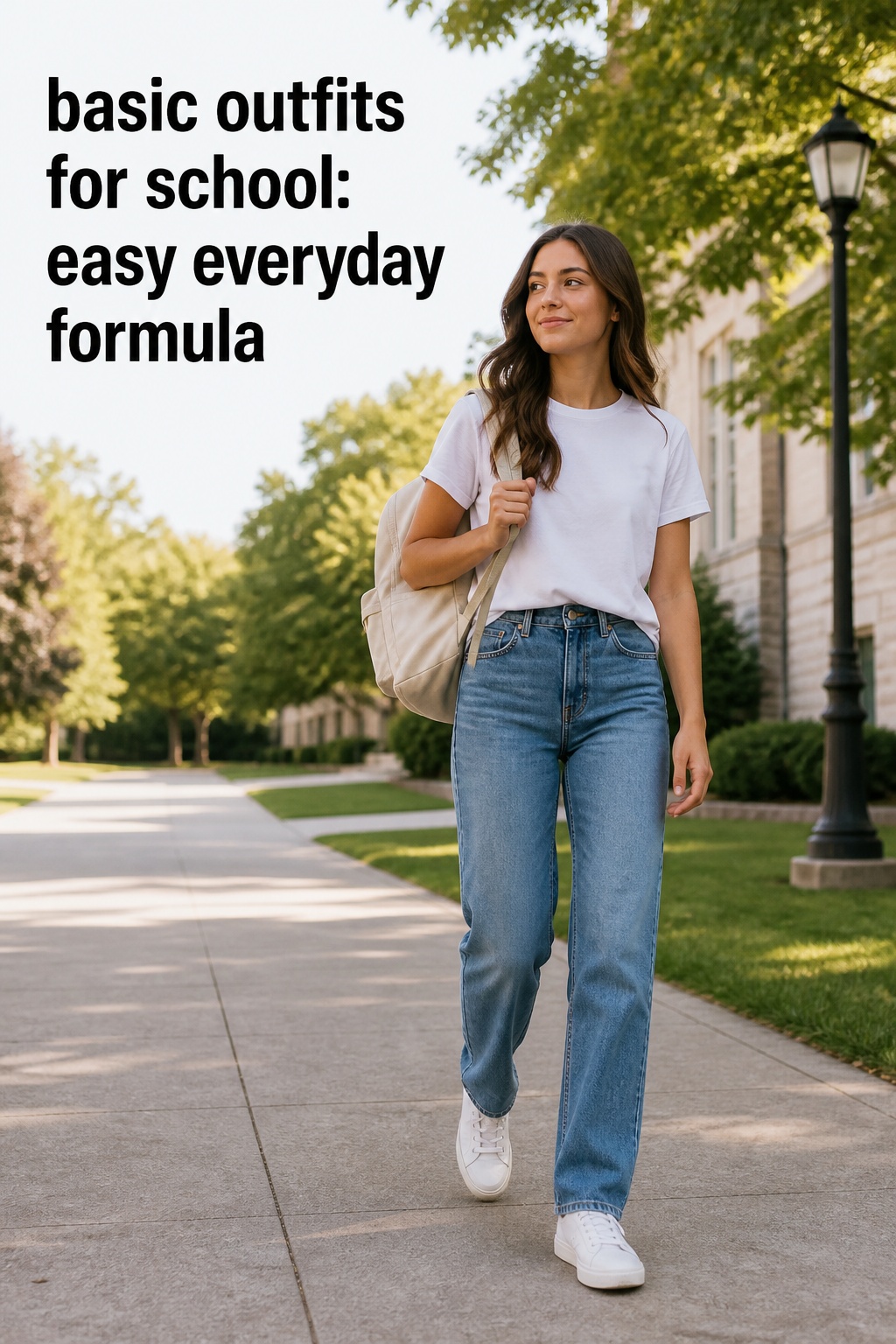 basic outfits for school with a white tee, straight jeans, sneakers, and backpack on campus