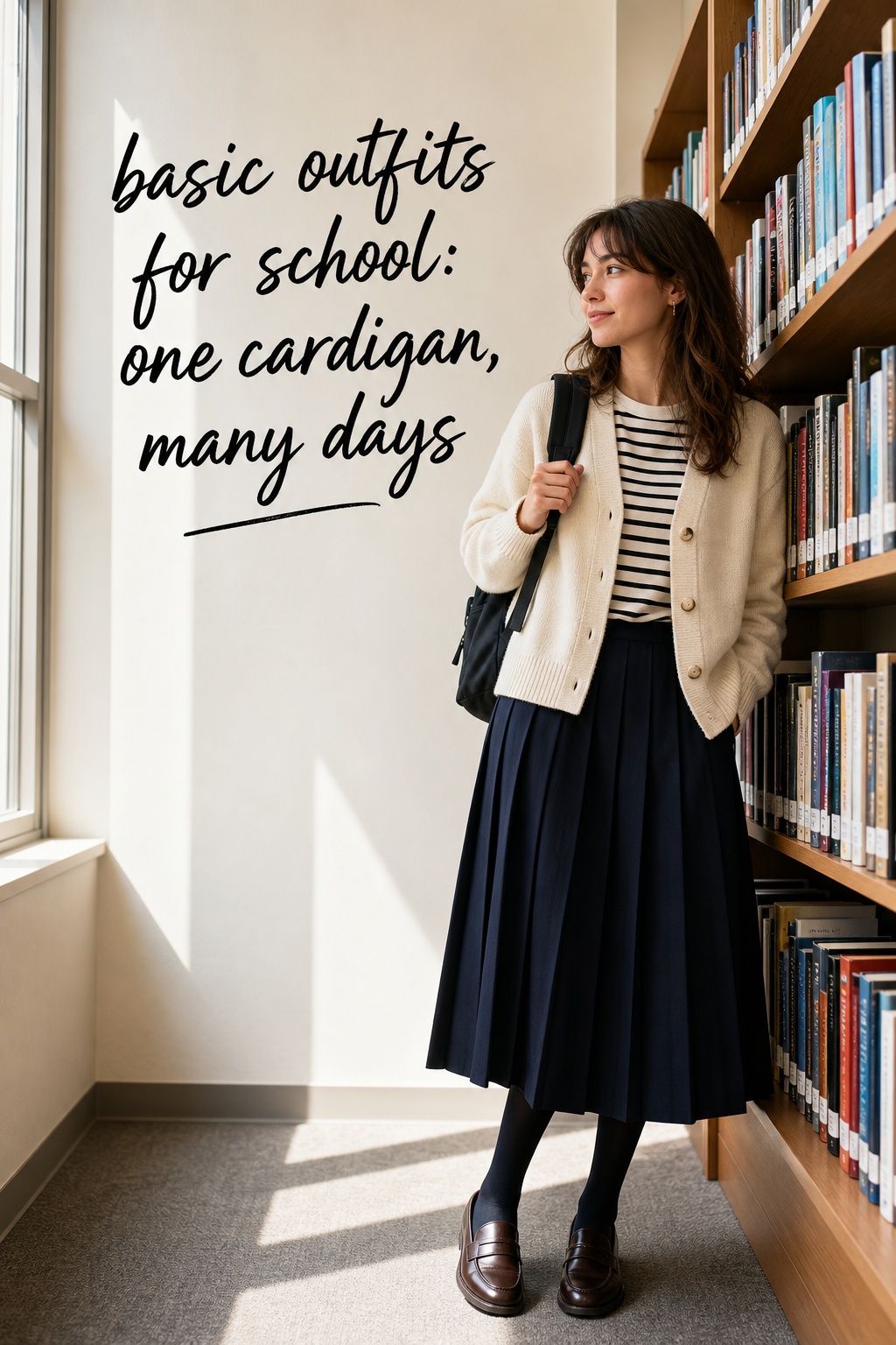 basic outfits for school with a cream cardigan, striped tee, pleated skirt, tights, and loafers