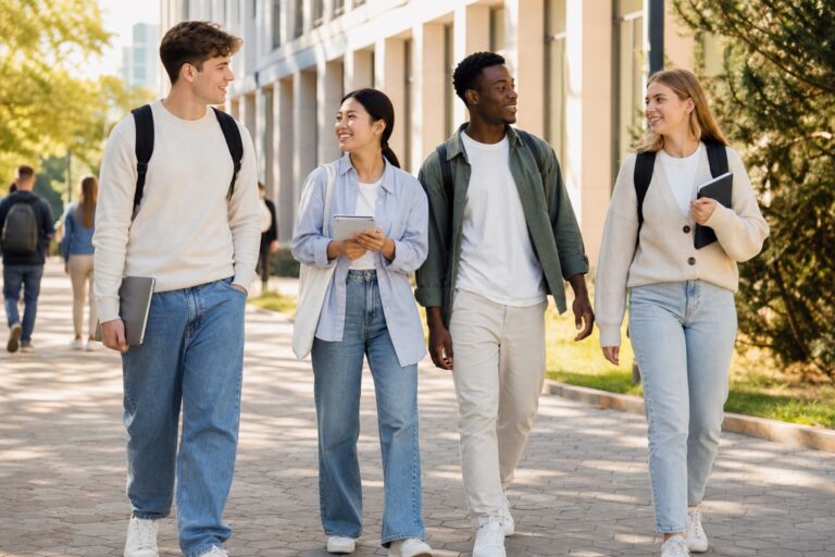 students wearing basic outfits for school with denim, knit layers, sneakers, and backpacks on campus