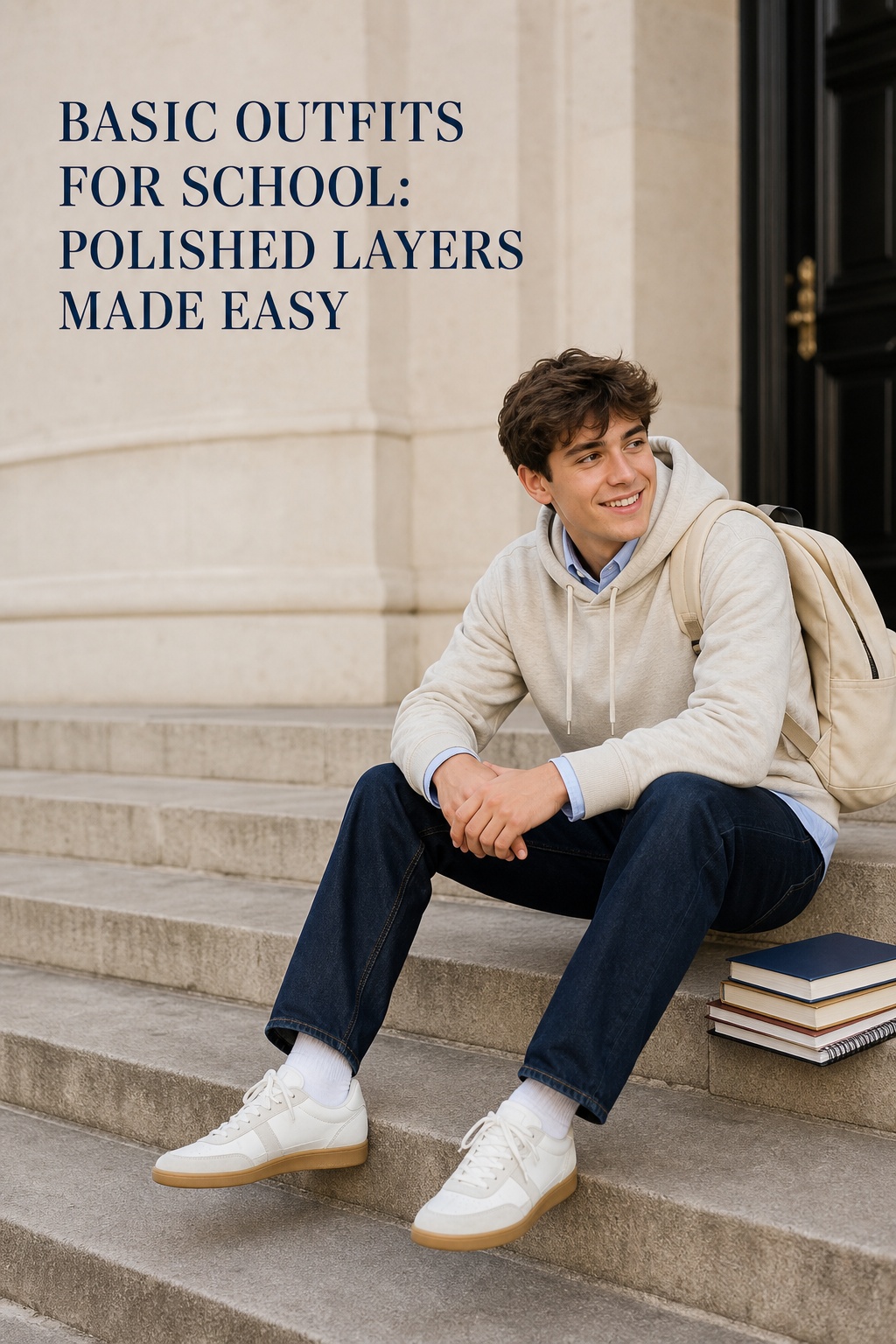 basic outfits for school featuring an oatmeal hoodie, collared shirt, dark jeans, and sneakers