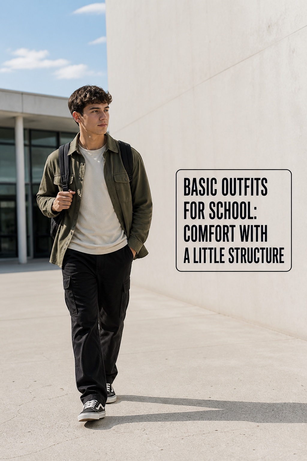 basic outfits for school with an olive overshirt, cream tee, cargo trousers, and sneakers
