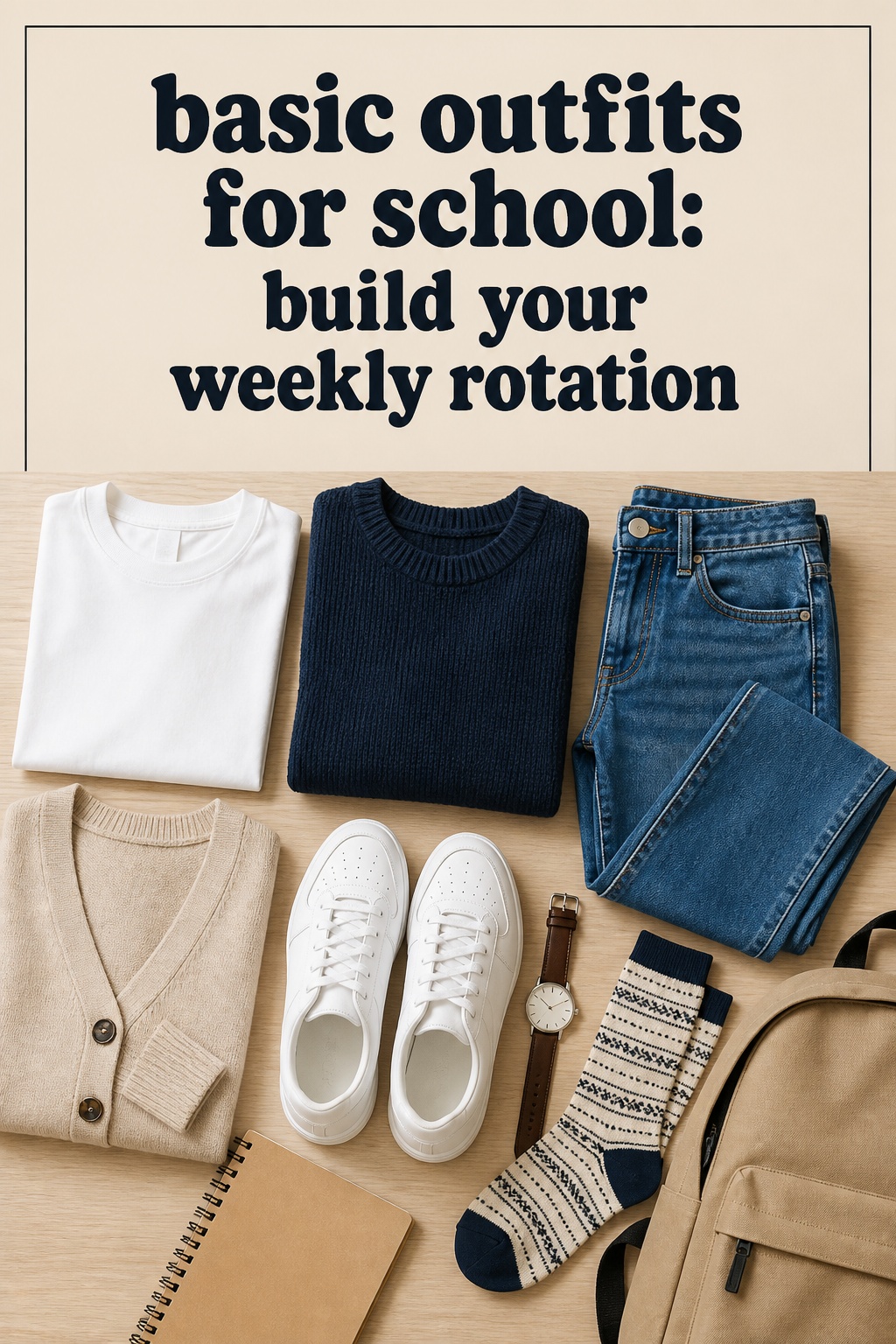 basic outfits for school wardrobe rotation with a white tee, navy knit, jeans, cardigan, sneakers, and bag