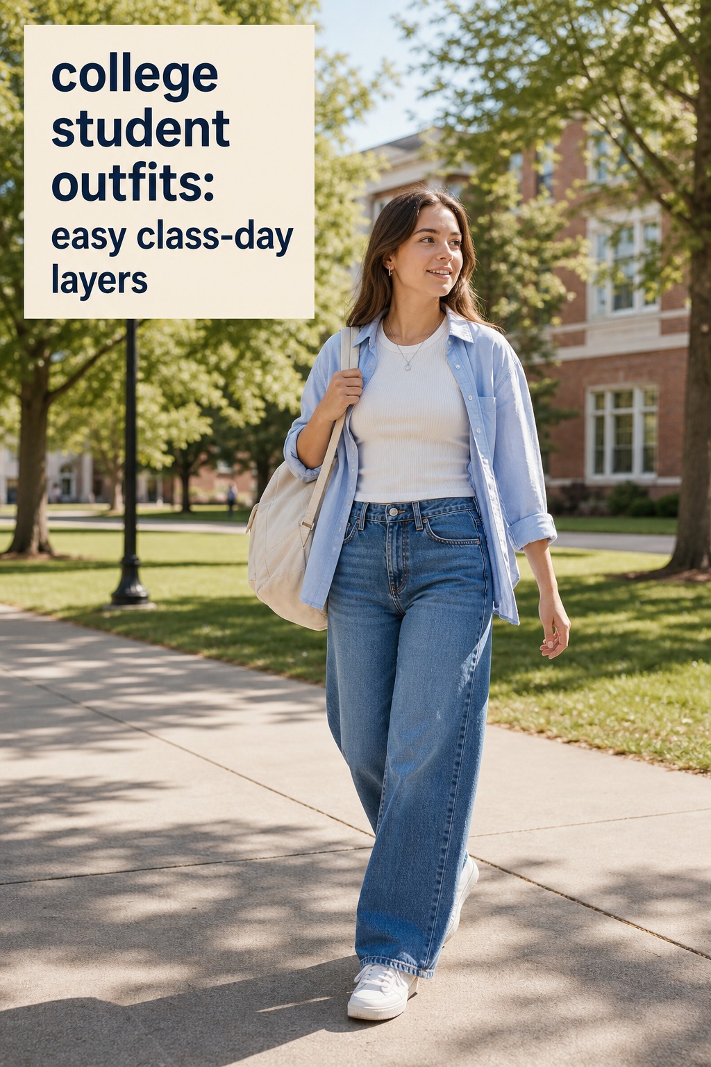 college student outfits with wide-leg jeans, white tee, open shirt, sneakers, and backpack