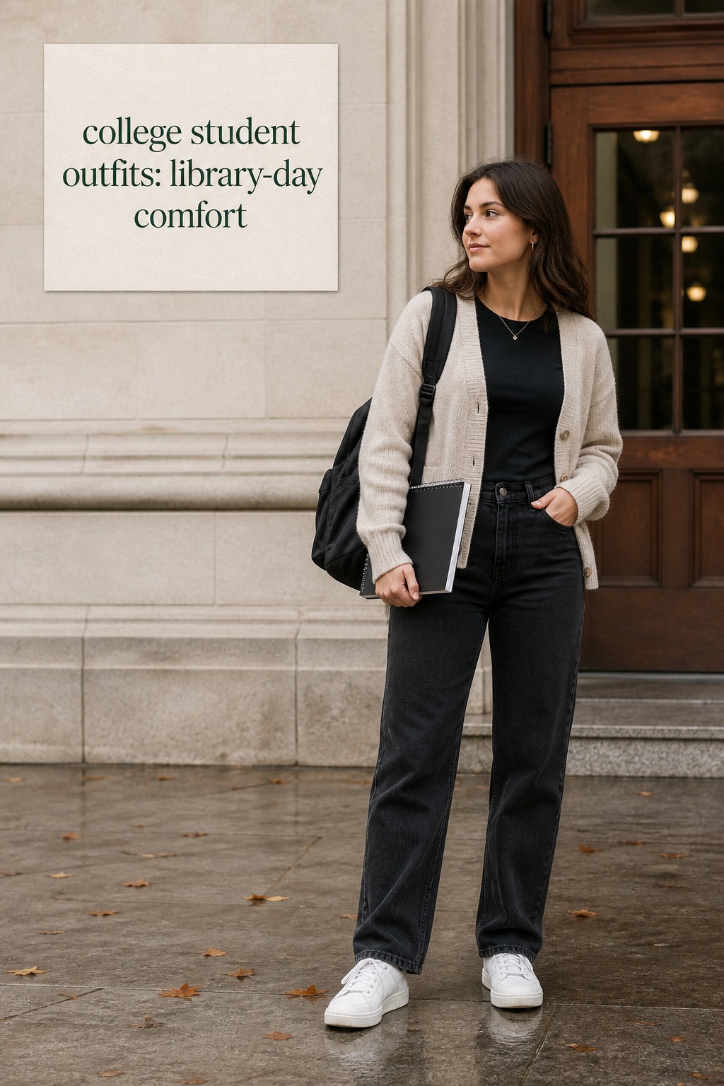 college student outfits with oatmeal cardigan, black tee, dark jeans, sneakers, and backpack
