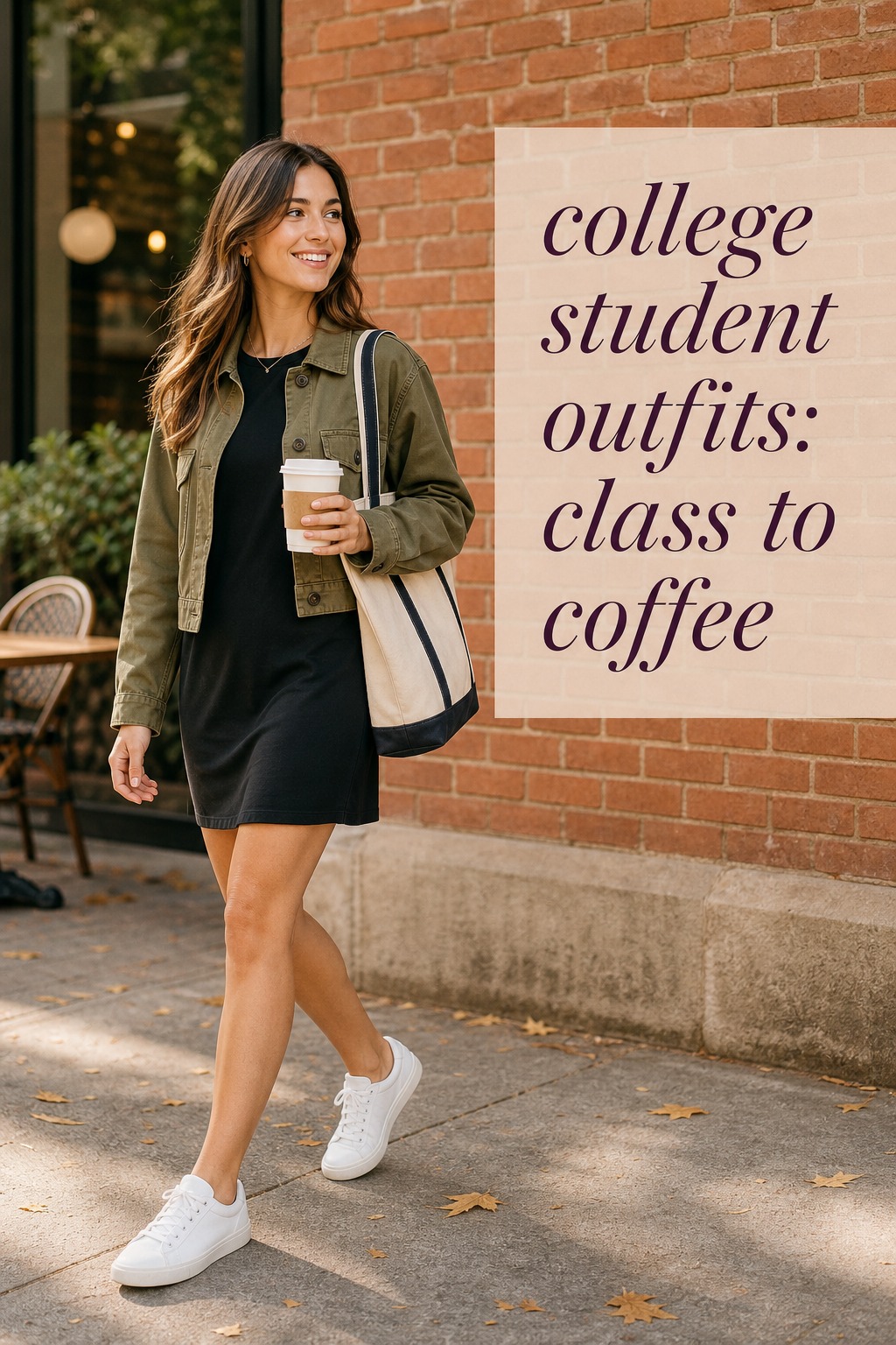 college student outfits with black t-shirt dress, utility jacket, sneakers, and canvas tote