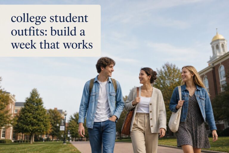 college student outfits with denim, cardigan, trousers, dress, jackets, and campus bags
