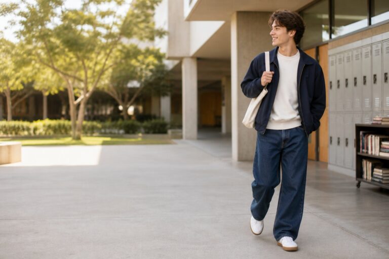 comfy outfits for school in a cream sweatshirt, navy jacket, and wide-leg denim
