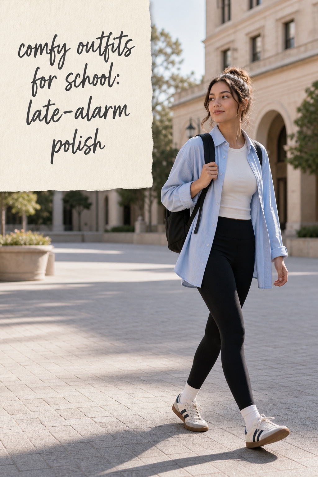 comfy outfits for school with a button-down, leggings, sneakers, and backpack